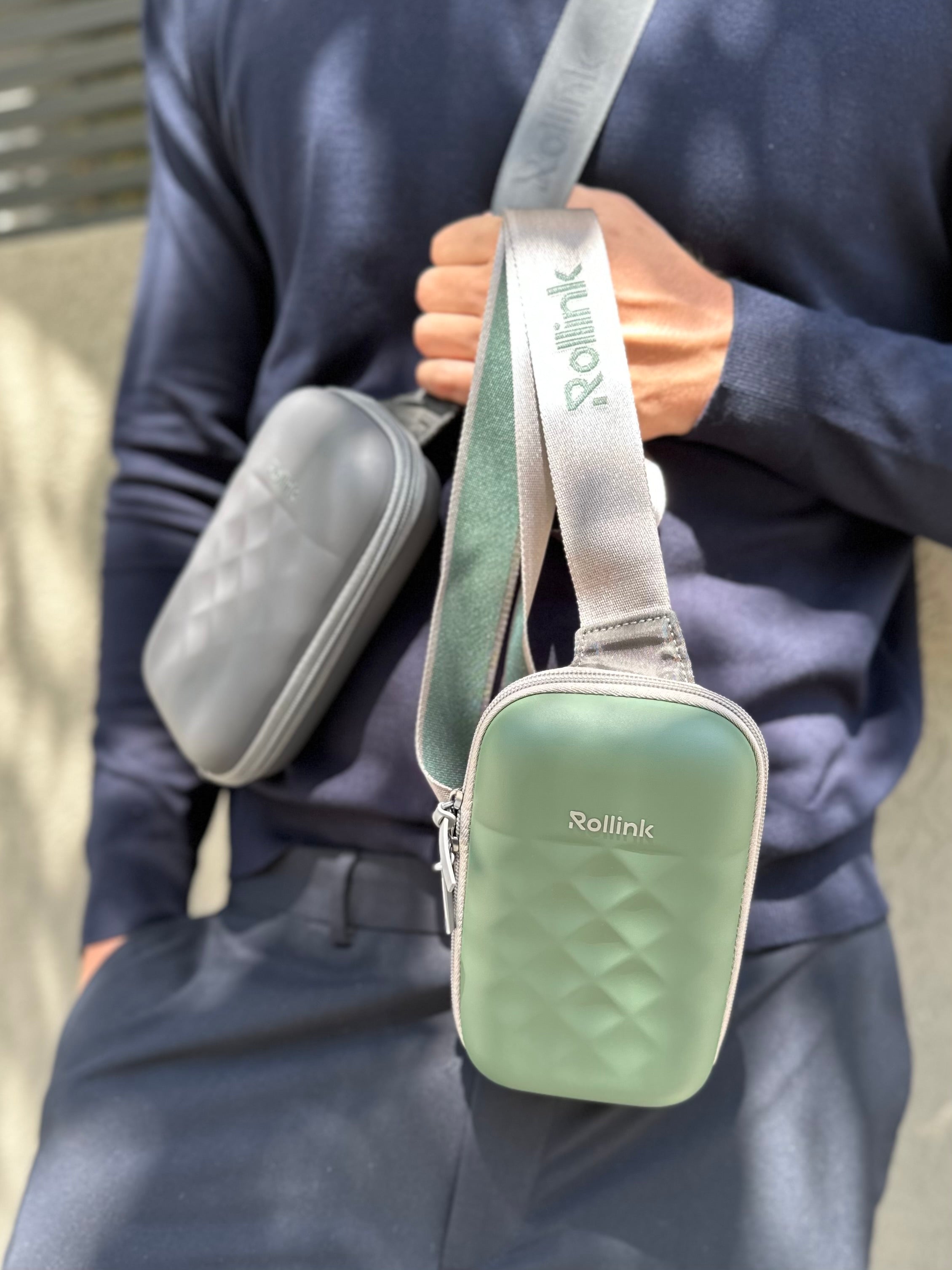Rollink Mini Bag Go in Thyme and Iron being worn by man
